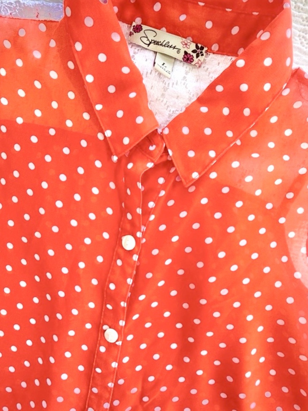 Sheer Chiffon Polka Dot Blouse Top orange white lace size L - Picture 4 of 6